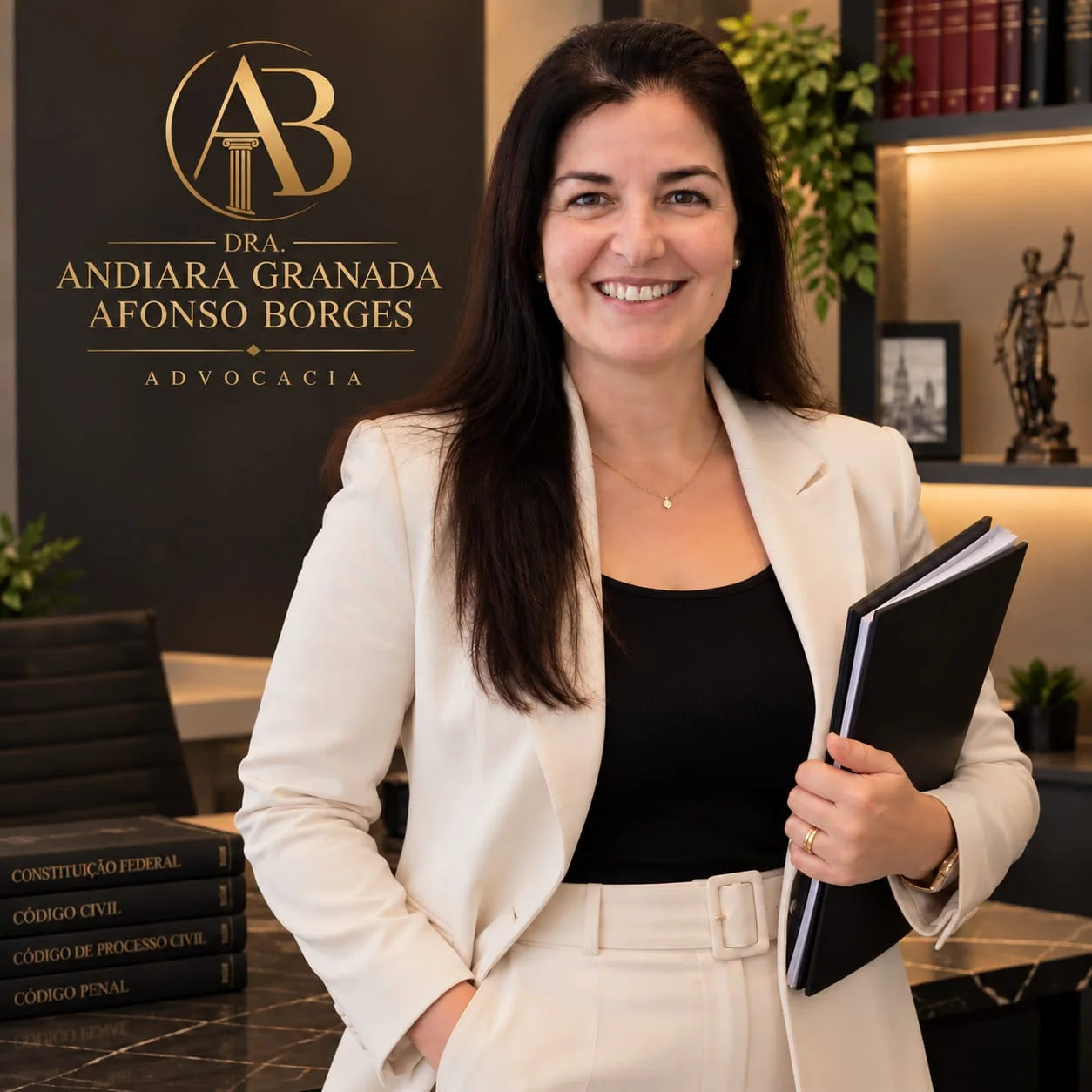 Dra. Andiara em ambiente profissional, segurando documentos